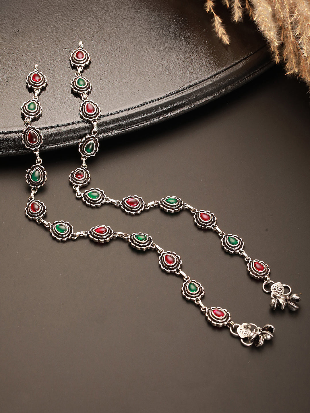 Set of 2 Silver Oxidised Ruby Red & Green  Stone Studded  Minimal  Bridal Dailywear Anklet Payal